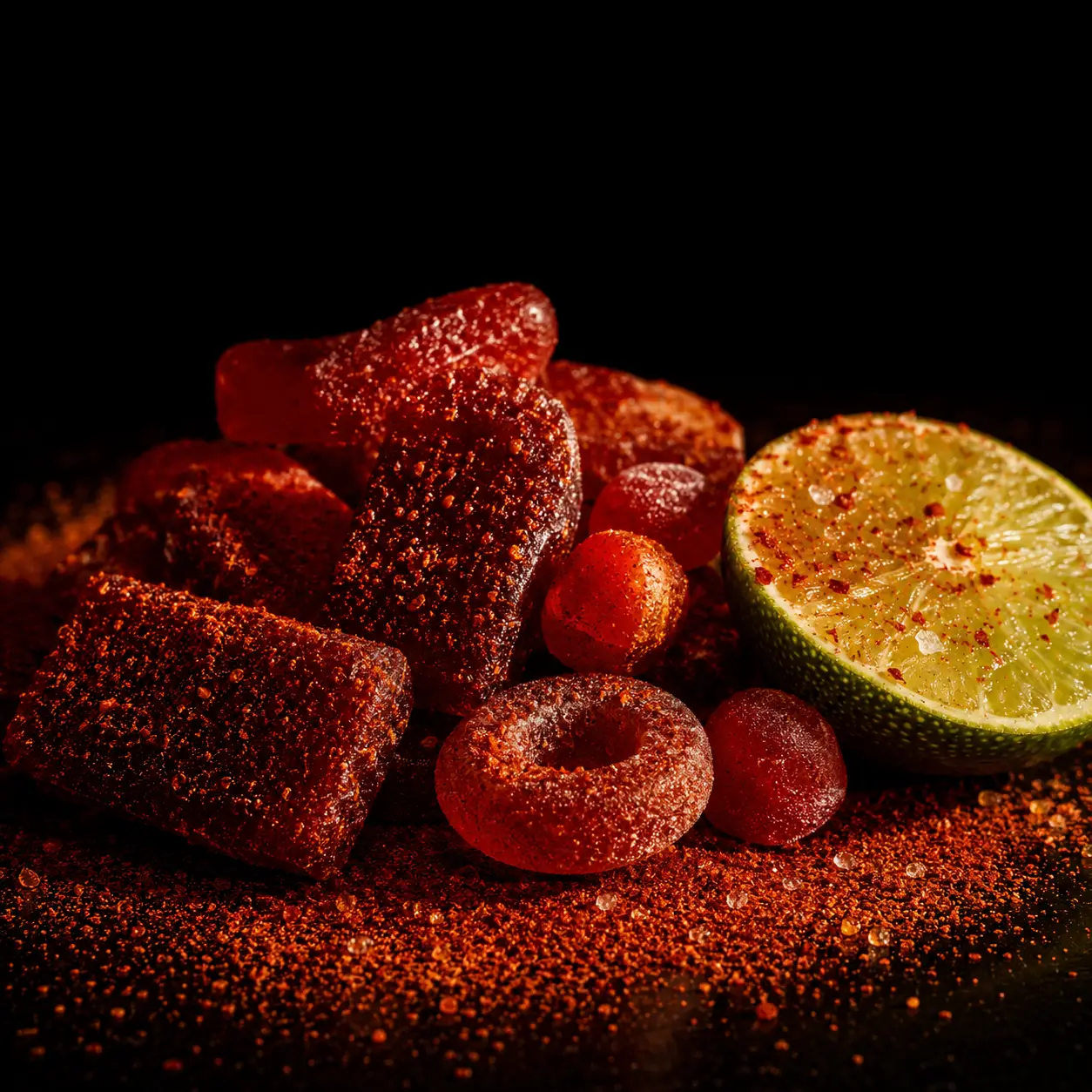 Dulces enchilados mexicanos con chile, surtido de golosinas picantes