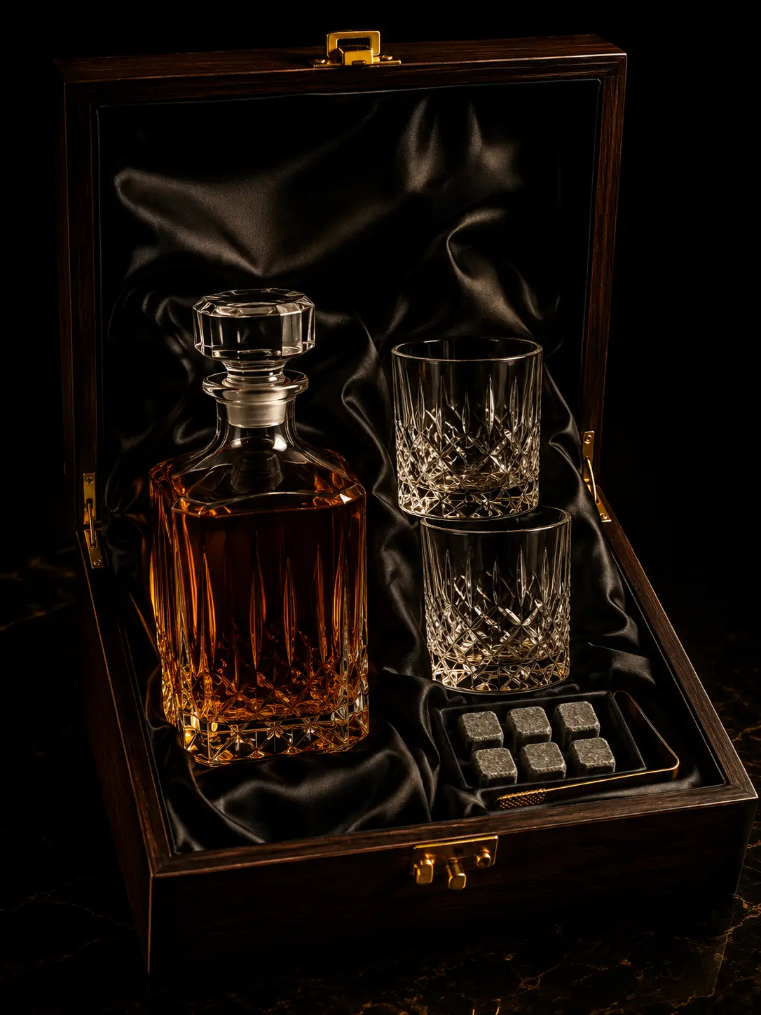 Set de regalo de whisky con botella, vasos y accesorios de lujo